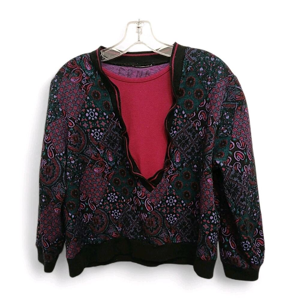 Cricket Lane VNT 80s Floral‎ Paisley Sweater Top XS Purple Pullover Long Sleeves